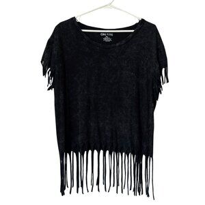 On Fire Women's Black Acid-Wash Short Sleeve T-Shirt w. Fringe Size XL